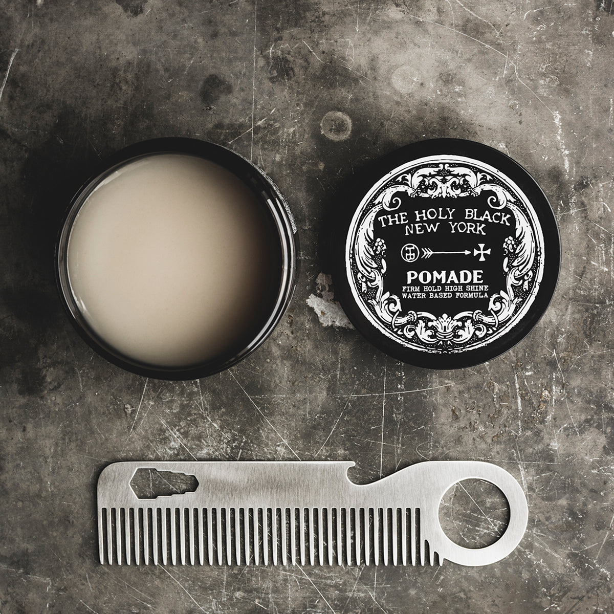 The Holy Black Original Pomade — strong hold high shine hair styling product