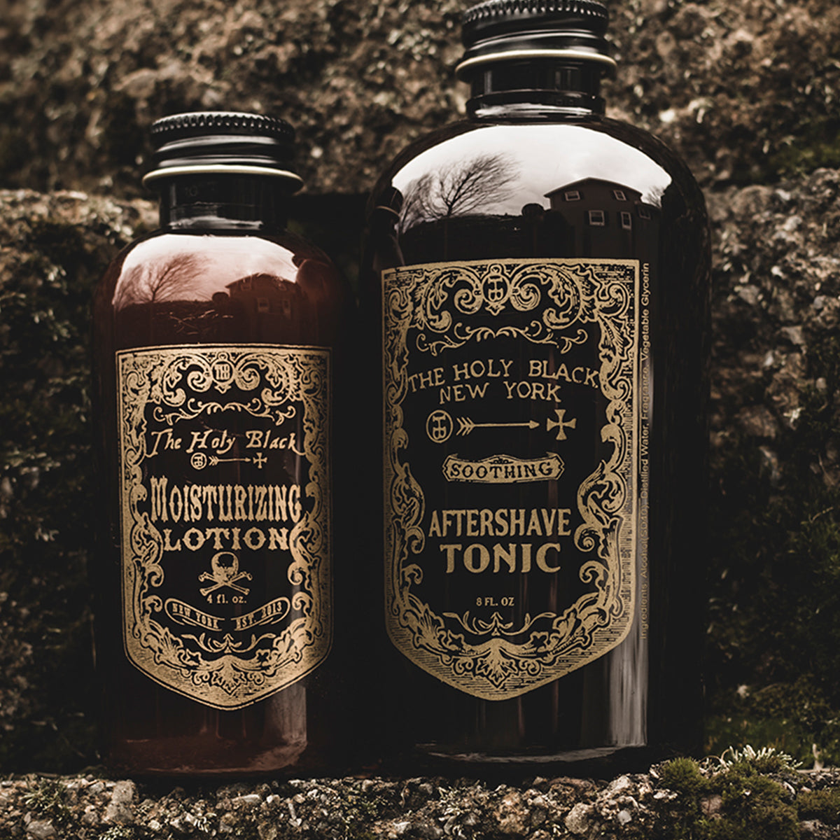 The Holy Black Aftershave Tonic product shot on textured surface